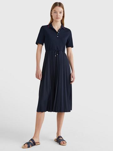 Női Tommy Hilfiger Pique Pleated Polo Dresses Sötétkék | HU 104DFM